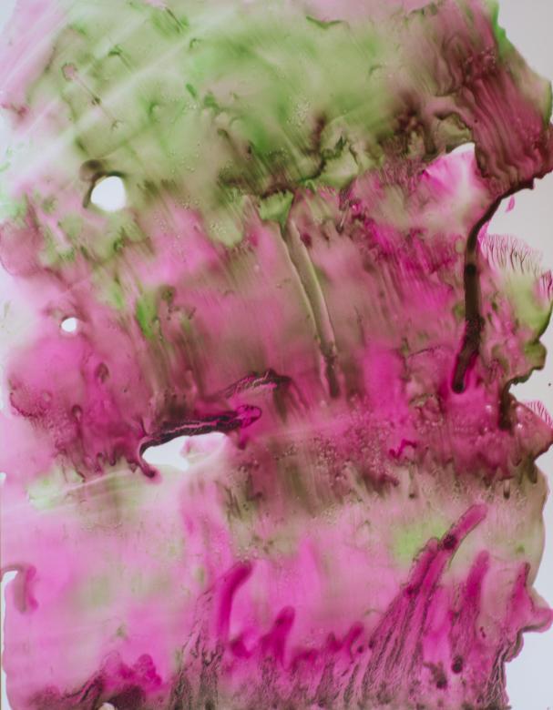 This piece is made up of two colors, pink and green. They are mixed in an abstract way, almost as if someone took both colors and swept them quickly across the page. At the top of the piece there is quite a large section of green with some pink mixed in. The other parts of the piece are mainly pink with some green mixed in.