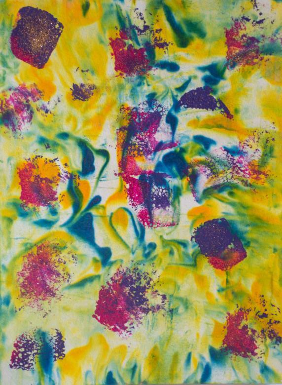 The background of this piece is made up of several colors: blue, yellow, green, and orange. These colors are swirled and marbled together. On top of this are dots of purple and pink paint. Each dot contains both colors that overlap with each other. On these dots is gold glitter. 