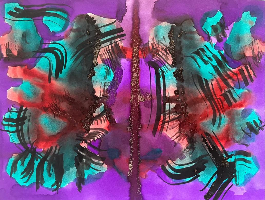 This painting has an outer edge of purple this purple also extends down the center of the piece. On each side of the purple center is a section with the colors turquoise and red. On top of these sections is black paint in thin lines that run parallel to each other. Down the center of the purple is a line made of red paint this line has gold glitter on it.