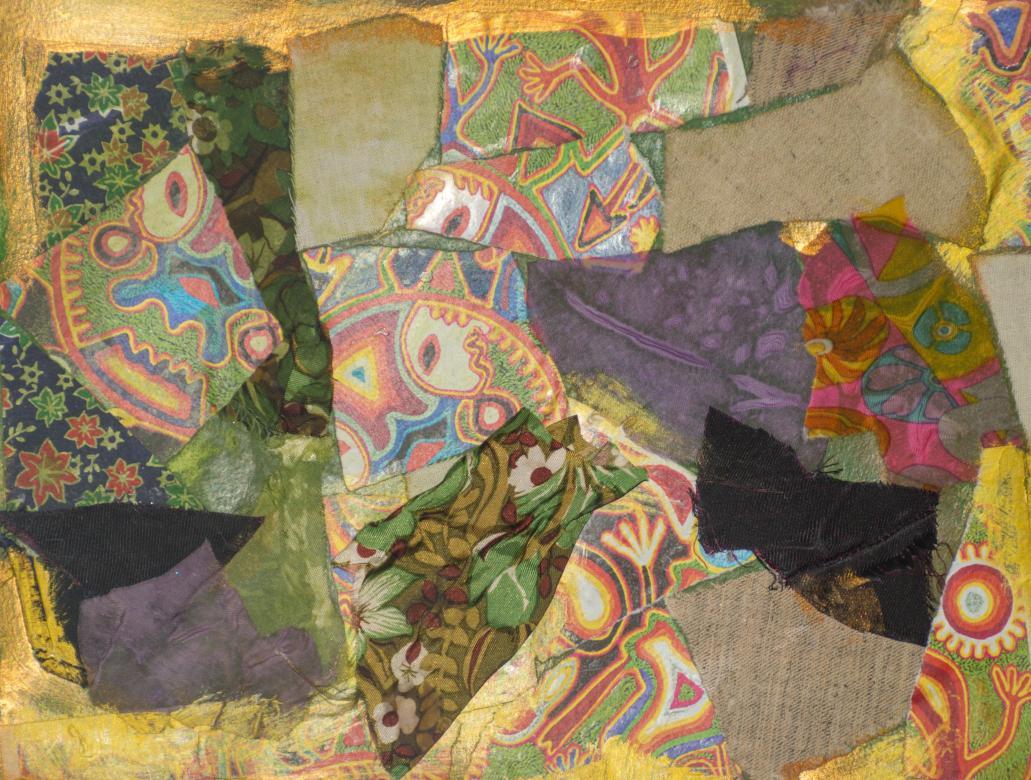This piece is made up of several different sections of patterns. Some are made of paper and others are made of fabric. The patterns are mainly abstract, but some are floral patterns. Overlayed on some of these patterns are pieces of solid colored fabric in the colors dark blue and beige. The border of this piece is gold with some of the patterns showing through in certain spots.