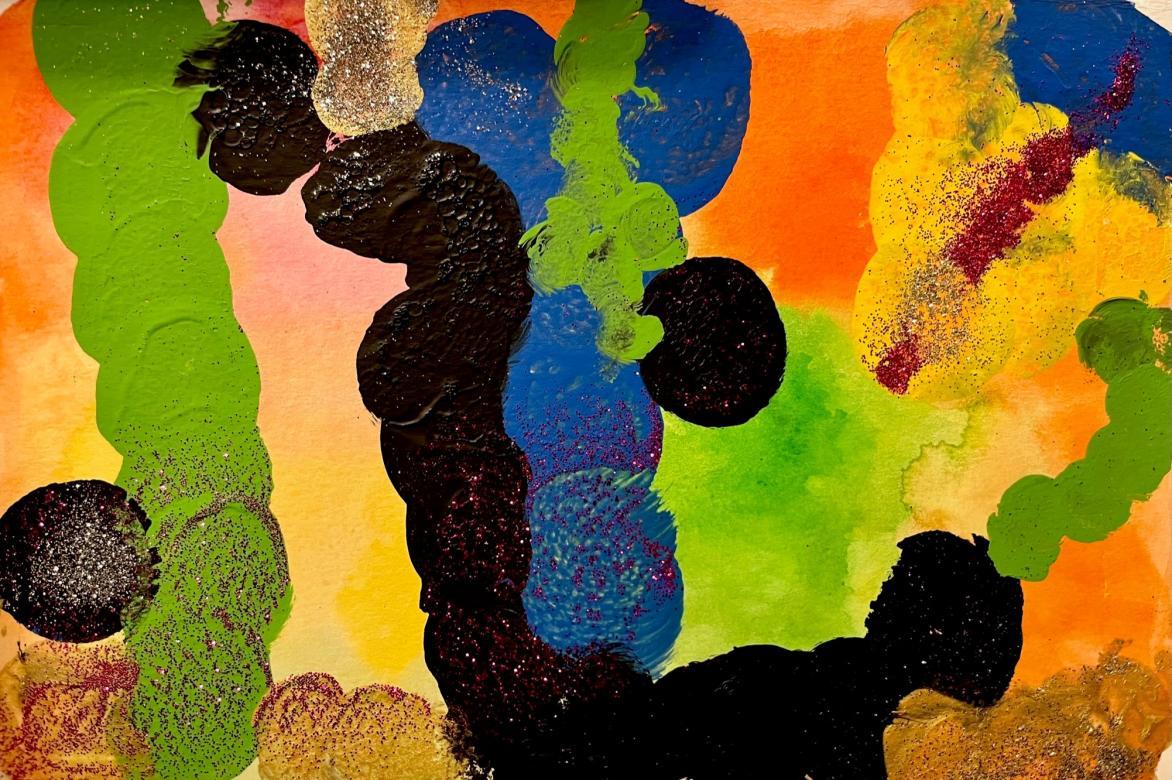 Painting: The background is made up of several different colors including green, orange, red, and yellow. Painted on top of this background are a few long streaks of paint going vertically from the top to the bottom in the colors black and green. There are smaller streaks of paint surrounding this in the colors green, yellow, brown, and blue. On the paint, in some spots, is silver and pink glitter.