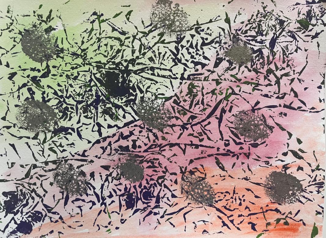 Mixed Media: The background of this piece is made up of three colors green, red, and orange. The green starts in the top left corner and extends down from there, cutting off diagonally about a 3rd of the way down. The red starts there and goes another 3rd down. The orange takes up the rest of the piece extending to the bottom right corner. Painted on top oc this background are splatters of dark purple paint that create long, thin strips of color. On top of this are blotted splotches of grey paint.