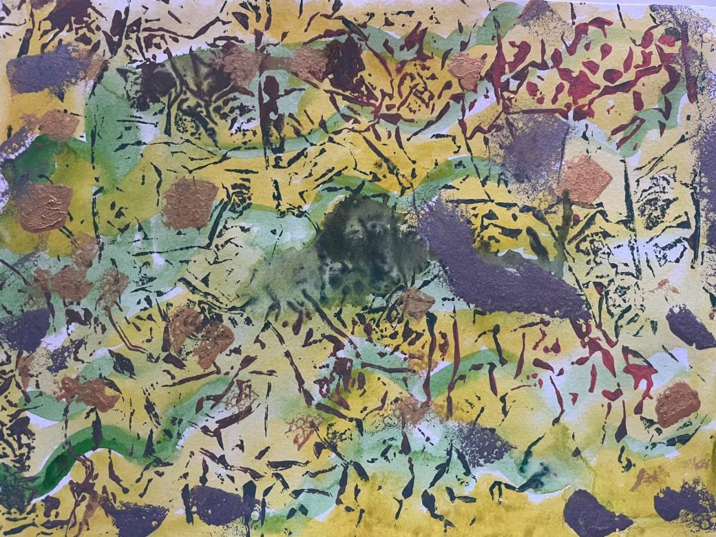 Painting: The background of this piece is made up of the colors yellow and blue. It is mainly yellow, but the blue cuts across in wave like patterns. Painted over top of this in several shapes and sizes are splotches of paint that are in a few different shades of pink and purple. Some are large splotches and others are thinner lines.