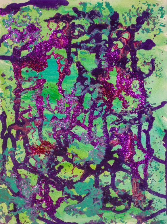 Mixed Media: The background of this piece is made up of green and blue. The colors are mixed in some spots and more distinct in others. Painted over top of this are lines of purple paint, they mix around with each other to create an overlapped effect. In some spots there is purple glitter on the purple paint.
