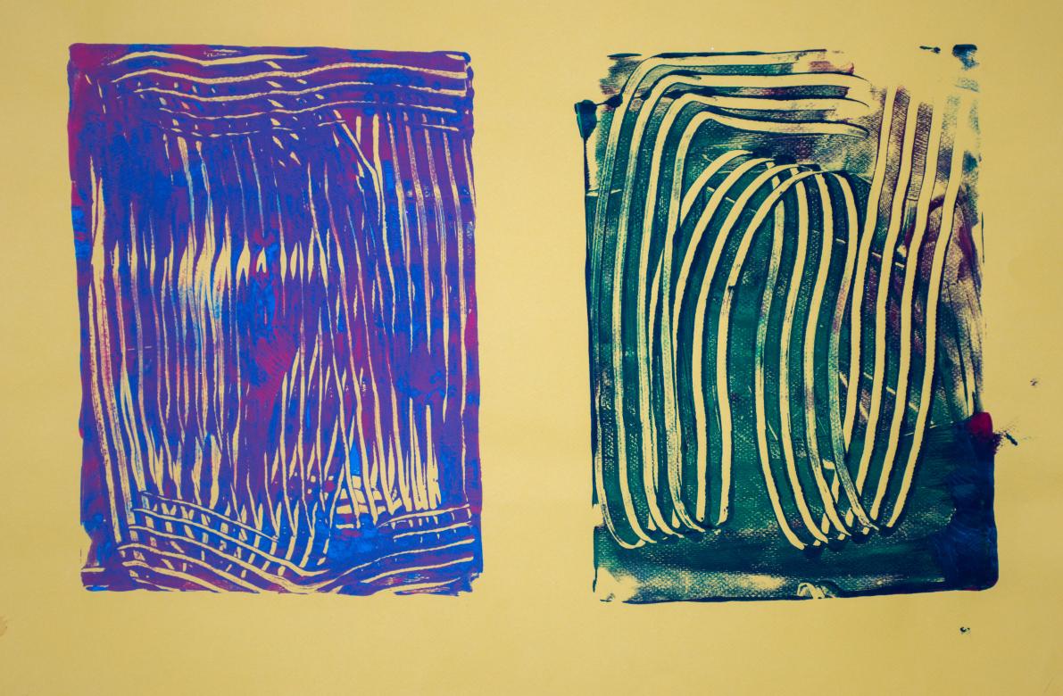 On a yellow background are two rectangles of paint. The long sides are parallel with the edge of the paper, about an inch from the edge on all sides. They also have about an inch of space between them. One of the rectangles is made up of blue and pink paint that is mixed is some spots to make purple. The other is mainly made up of green, but some blue and red can also be seen. Both rectangles have large sections of scratches through them that create lines which make the yellow background visible.