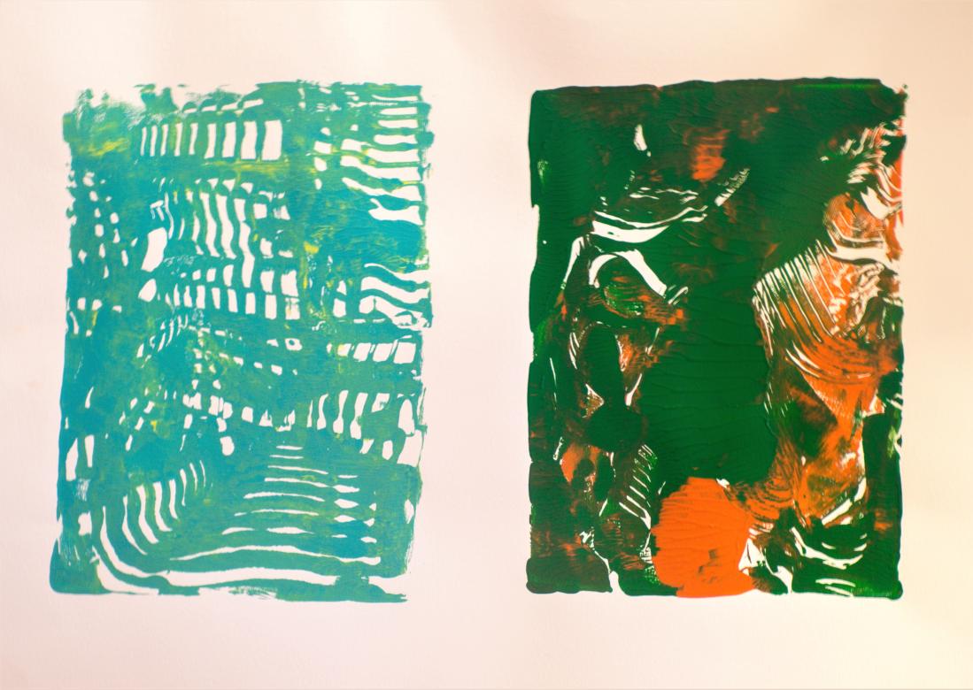 On a white background are two rectangles of paint. The long sides are parallel with the edge of the paper, about an inch from the edge on all sides. They also have about an inch of space between them. One is made up of an aqua color and yellow. The other is made up of orange and green. Both have many sections where there is no paint. There a lines and swirls through the paint that show the white background.