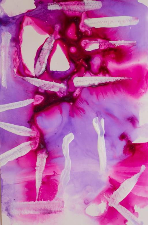 On a white background are the colors pink and purple. They are painted in large splotches where they slightly mix and overlap around the edges. In some spots, the white background shows through. Painted over this are several lines of white paint running both horizontally and vertically. 