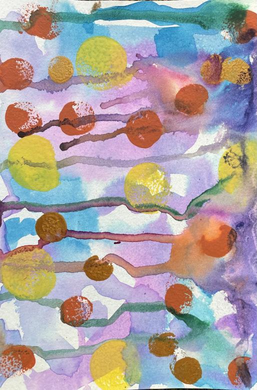 Painting: A background of the colors blue, pink, orange, and purple, from the top of the piece the colors have run down over the other colors. Painted on top of this are many circles out of the colors orange, brown, and yellow. 