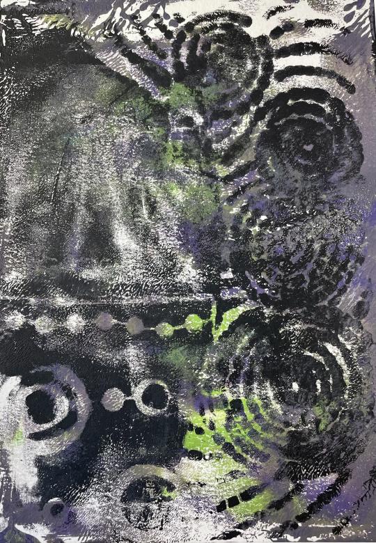This piece is made up of several colors, purple, green and black. The background is mainly purple with some green showing through at the center of the piece. Painted of this is the black paint. The paint creates some geometric shapes, mainly circles. 