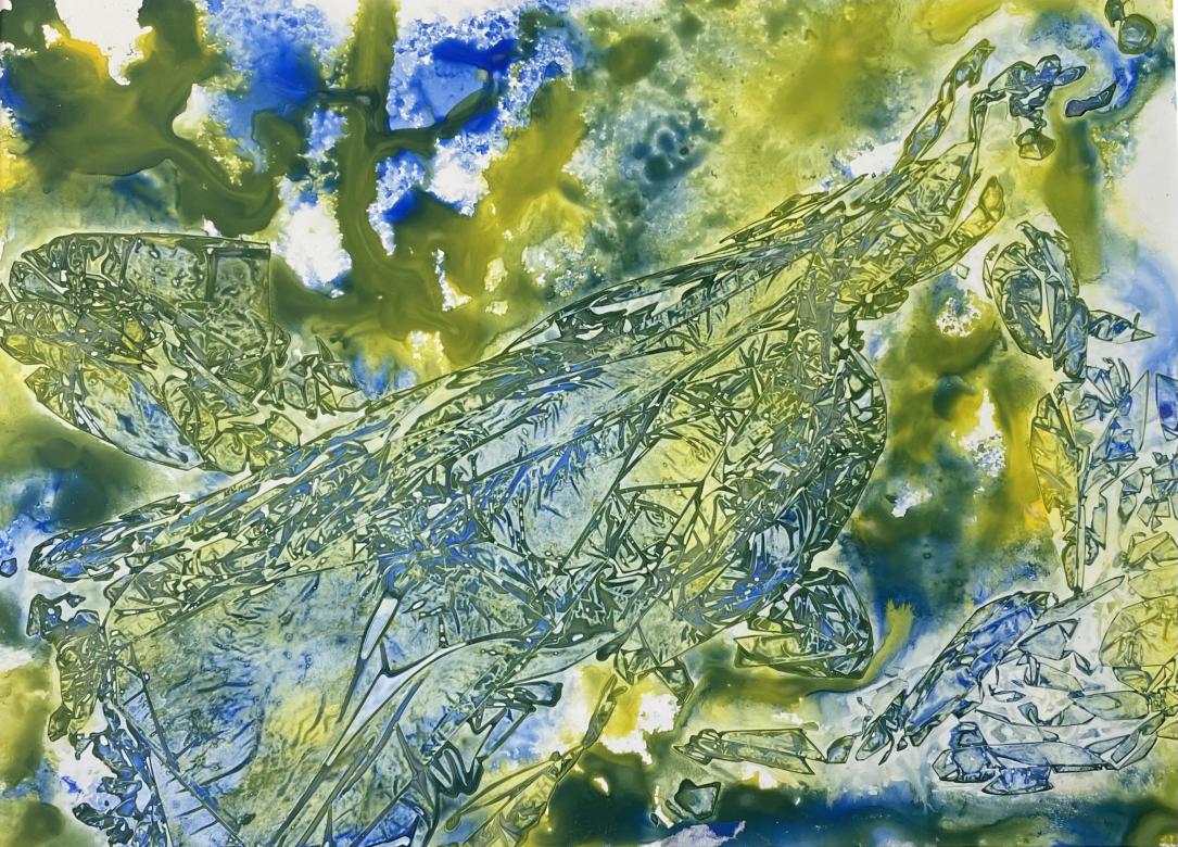 This piece is abstract with three colors, green, blue and yellow. They are 	quite distinct in most sections but are mixed in others. The colors are in large splotches that are intertwined with one another. In the center of the piece there is a large section that appears to have had something pressed into the paint to create a very abstract pattern of thin lines and splotches. 