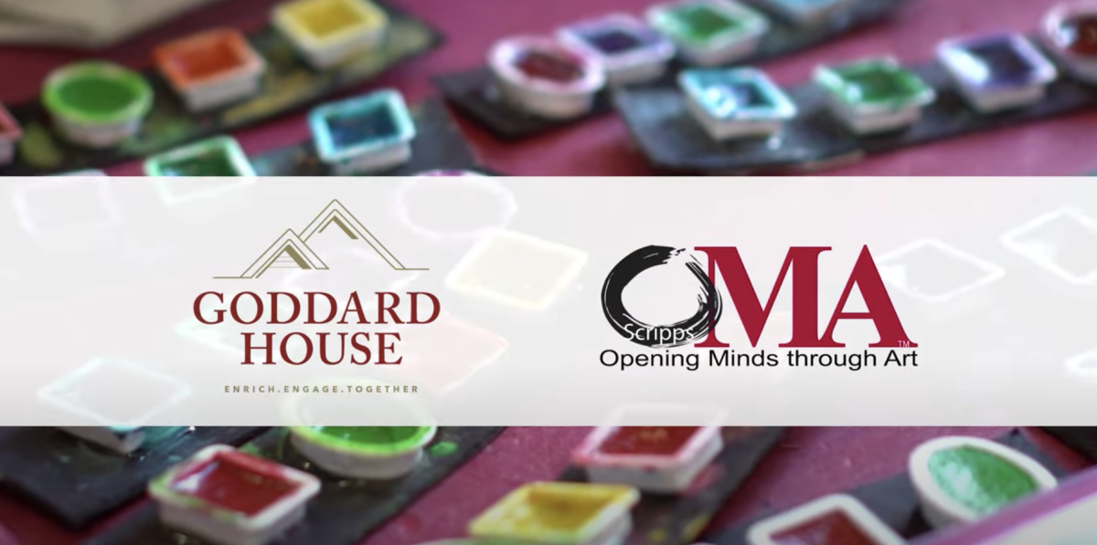 Image of colorful watercolor paint palettes with white stripe across center featuring the Goddard House and OMA logos that read "Goddard House" and "Scripps OMA: Opening Minds Through Art"