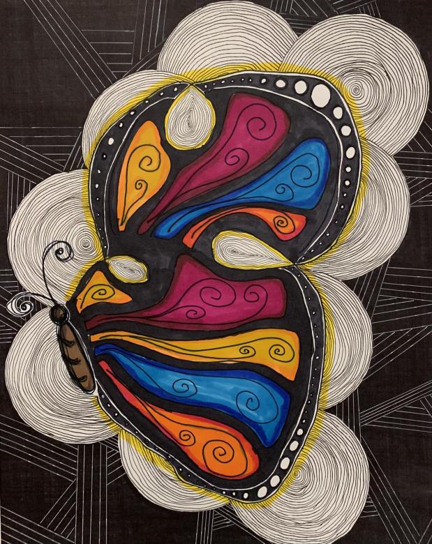 Drawing of a colorful black, magenta, yellow, blue, orange, and white butterfly with its wings closed facing left. It is on a background of white and black swirls on a black piece of paper. 