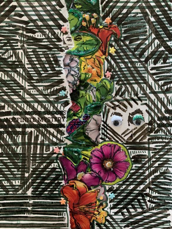 Collage of bright floral imagery down the center of a vertical page. These flowers are outlined in marker and in glitter glue. In the background is black marker lines across book pages. In the center, two googly eyes face the viewer.