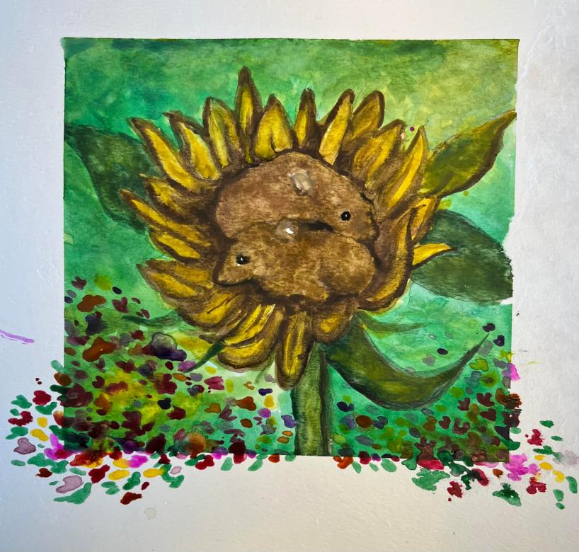 Watercolor painting of a sunflower with petals reaching up. The sunflower is depicted on a square green ombre background with white border of the paper around it. Green, red, yellow, and magenta dots radiate from below the sunflower spilling onto the white border.