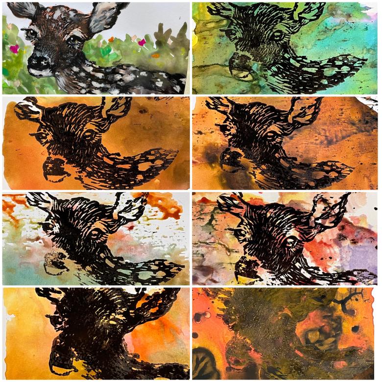 Mixed media piece featuring eight images of a printed deer in a rectangular two column grid. Starting in the top left, the deer is painted in detail on a lush green and flowered background. Through each iteration, the deer becomes obscured and begins to vanish as the background turns to an orange brown tone. 