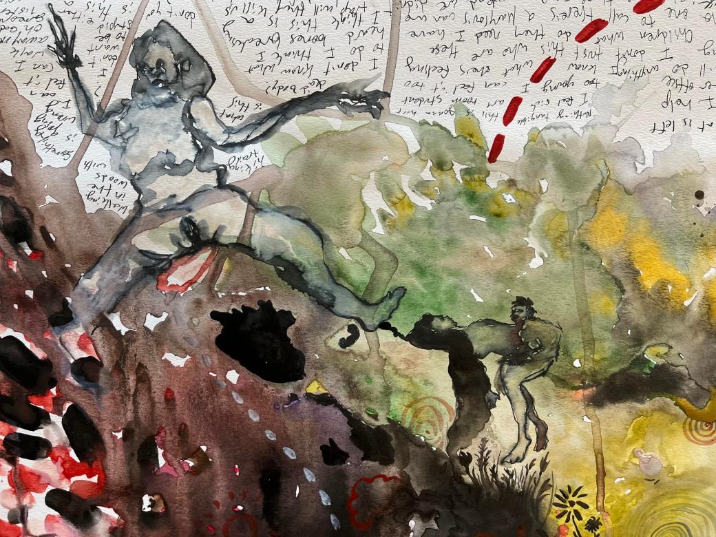 Abstract watercolor painting using splashes and drips of black, brown, red, yellow, and green paint. Two abstracted figures are featuring (one on the right and left) in the middle of the composition.  The top of the painting transitions to black small text written in ink upside down on the white paper. Small swirls, linework, and flowers blend into the paint.
