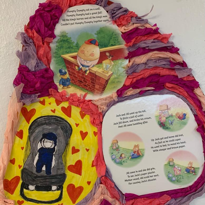 Collage from pink/red toned tissue paper and imagery from children's books including "Humpty Dumpty".  In the bottom left corner is a drawing of an infant in a stroller on yellow background with red hearts. 