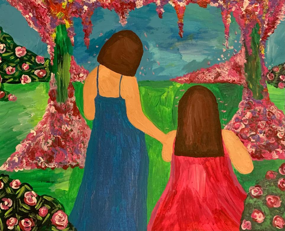 Acrylic painting of two figures with brown hair depicted from behind appearing to hold hands. The left figure is dressed in a blue dress and the right figure is in a red dress. They are in a lush green landscape with pink and magenta flowers with a blue sky.  