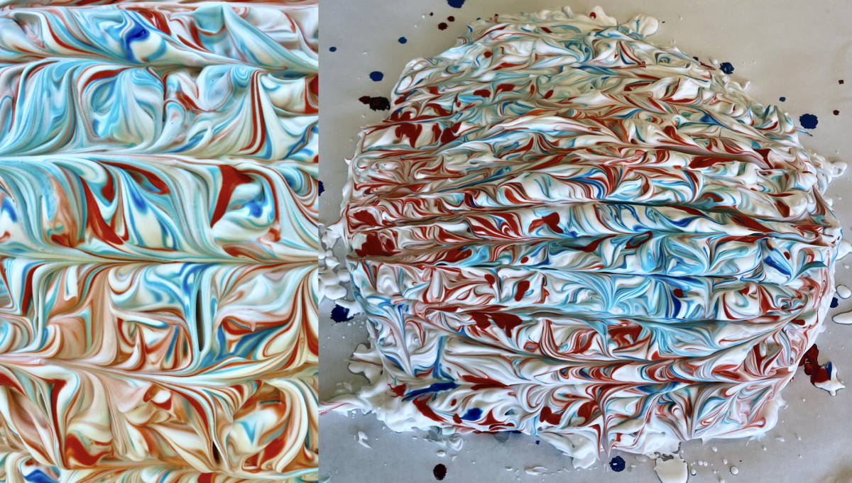 Shaving cream shaped into a round shape of cake with red and blue food coloring swirled and marbled up and down in horizontal rows. On the left side is a close-up of the center of the shaving cream cake. 