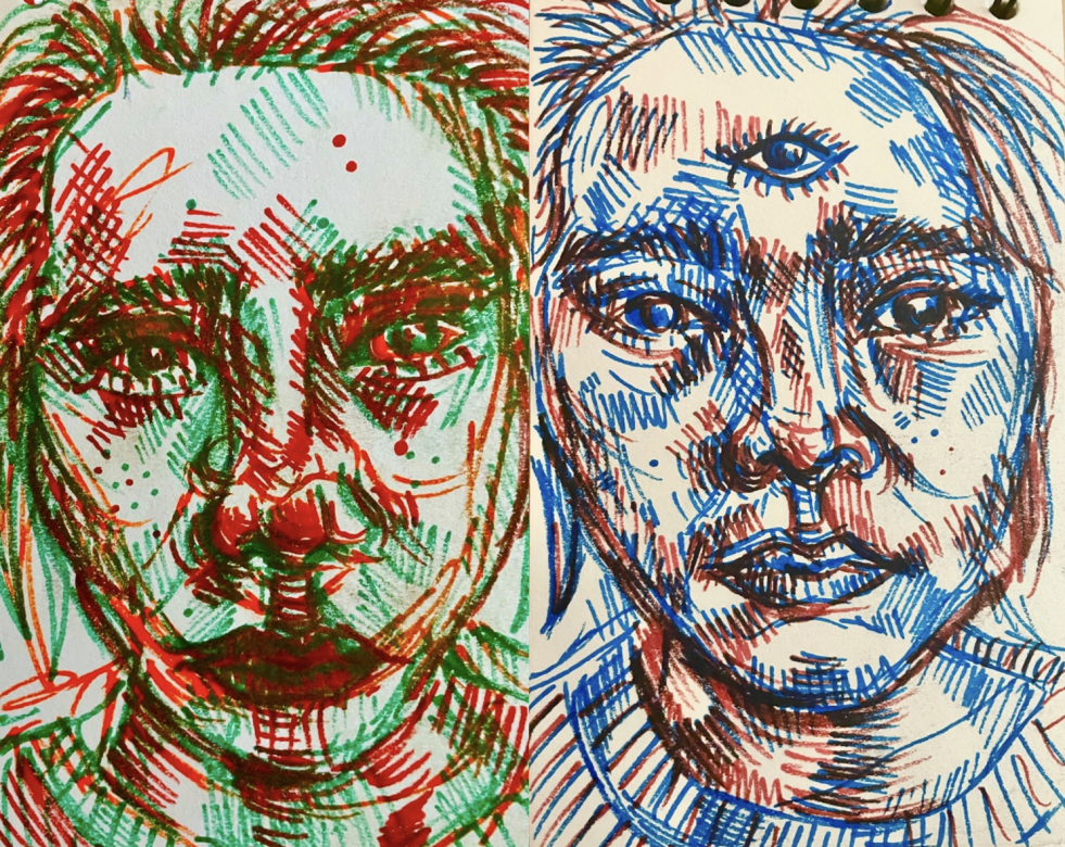 Side by side drawings with markers, on the left is a red and green portrait of a figure facing the viewer from the shoulders up. On the right is similar portrait of a figure from the shoulders up but drawn in blue and red in addition to a third eye on the forehead. Both portraits use sketchy lines overlapping lines and the white of the paper to create a sense of depth. 