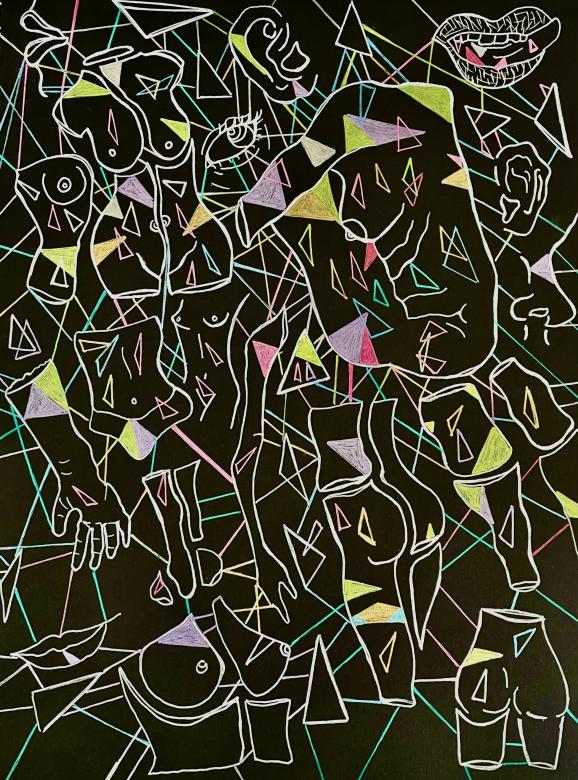 Abstracted shapes and drawings with multicolored pastel gel pens. The rectangular drawing features angular shapes and triangles amongst parts of the human body including a hand, ear, breasts, butt, nose, lips, and more. They appear to be floating on the black paper. 