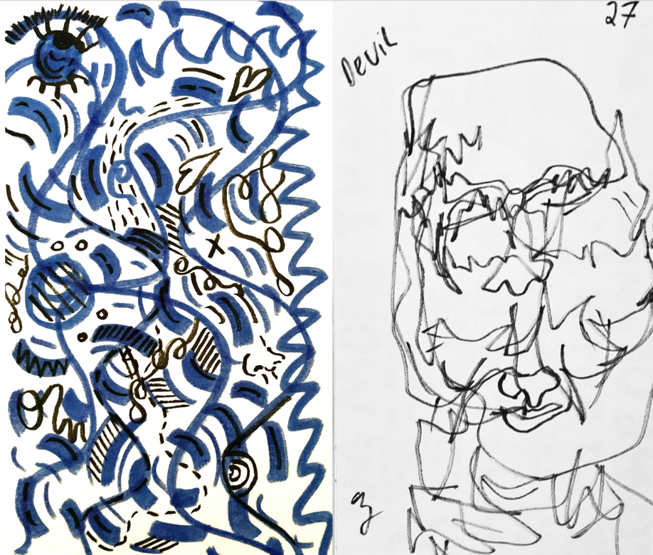 Two drawings on white paper using blue and black markers. On the lefthand side is an abstract vertical drawing showing a variety of squiggly and jagged lines, abstract shapes, and hearts filling the space. On the right side is an abstracted simple black drawing of a face with lots of black lines in the top left corner is the word "Devil" and in the top right corner is the number "27"