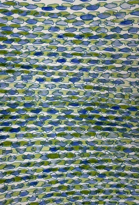 A vertical painting and drawing using watercolors and gel pens. Overlapping organic oval like shapes in different shades of green and blue watercolor overlap in repeated horiztontal lines through the composition. Each small oval like shape is outlined with gel pen. 