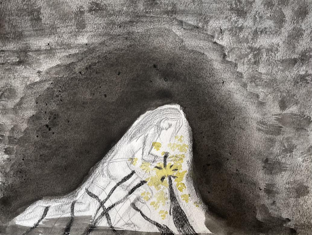 Pencil drawing of a figure with long hair kneeling pushing on black and yellow objects. Around the figure is a dark black circle that radiates into the foreground and background fading to a light black and grey texture. 