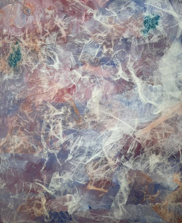 An abstract painting using tissue paper and paint to create a textured water like rippled effect. Paint colors vary accross the surface from shades of purple, teal, pink, white, and pale gold creating an overall neutral color palette. 