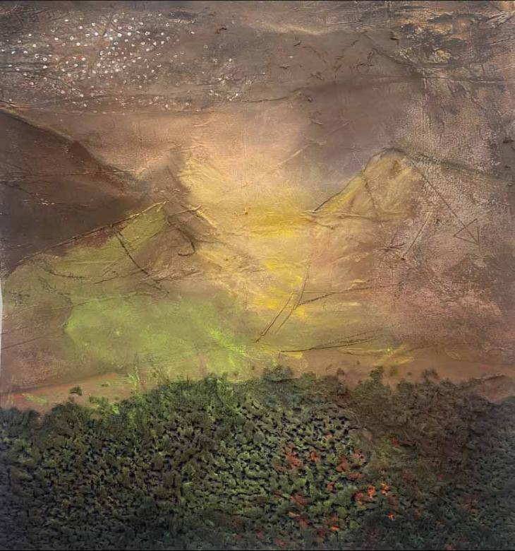 Abstract landscape image depicting foggy mountains in deep brown, purple, green, and gold with the lightest shades depicting two peaks in the center. These mountains appear layered and textured. The foreground is a textured green area appearing spongey and like grass. 