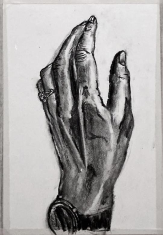 Aerial view drawing of a black and white hand open reaching forward. The hand is wearing a ring on the index finger and a watch on the wrist.
