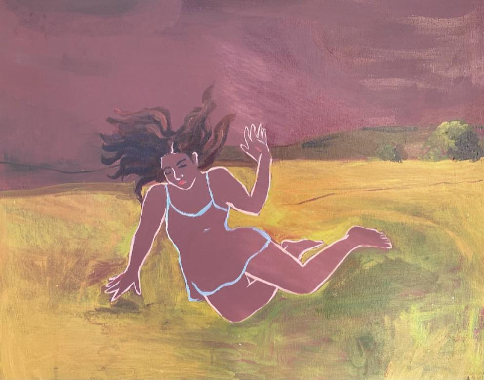 Depiction of a figure in a yellow/green field. The figure and the sky are the same deep mauve shade. The figure is laying on the ground supporting their upper body with their right arm with their left hand reaching up, They have long blowing brown hair with red lips and closed eyes. The figure is outlined in white with the outline of a blue tank dress. Rolling hills and bushes can be seen in the background. 