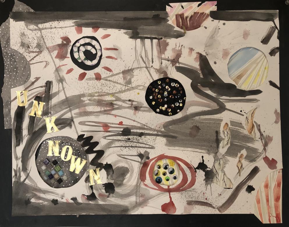 Black and red abstract ink linework on white paper. Five circles hold different colored beads, googly eyes, sequins, and paper. The piece is mounted on a black background. In the left lower corner, it reads "unknown" in gold letters.