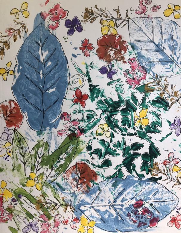 Colorful textured printed leaves and flowers done with acrylic paint on white paper. Each flower and leaf is outlined with a thin black line. 