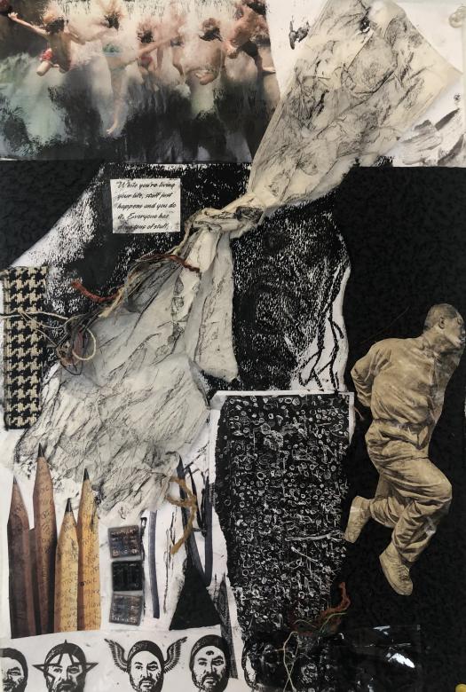 Mixed media collage featuring black, white, and sepia imagery. Textured fabric and yarn are in the center of the piece smudged with black paint. 