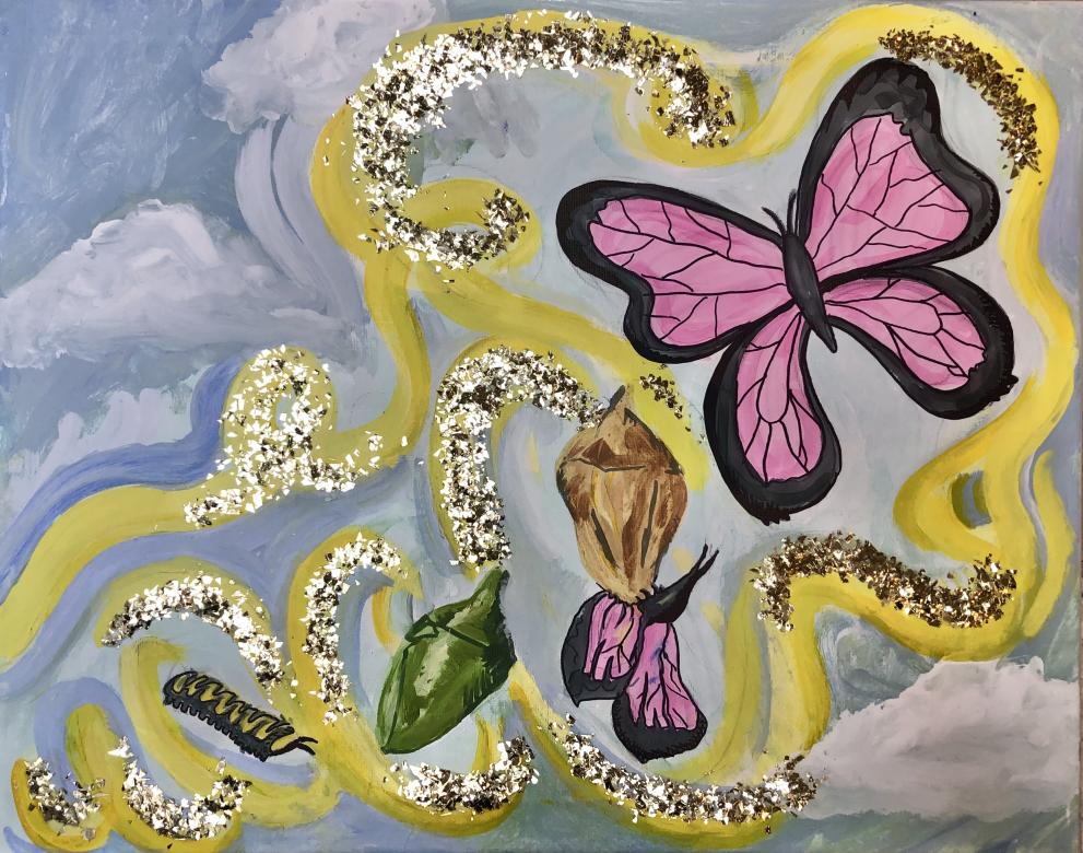 A painting of a yellow & black caterpillar transforming to a cocoon, to a butterfly hatching, and a full black and pink butterfly. This transformation flows from the lower left corner to top right. Surrounding them are yellow swirling lines with gold glitter. They are on a light blue sky background with clouds. 