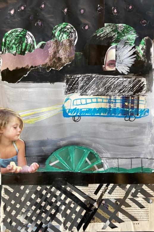 Mixed media collage depicting a girl on a dark background watching a bus go by. Greenery and brush are visible in the background in addition to a figures face.