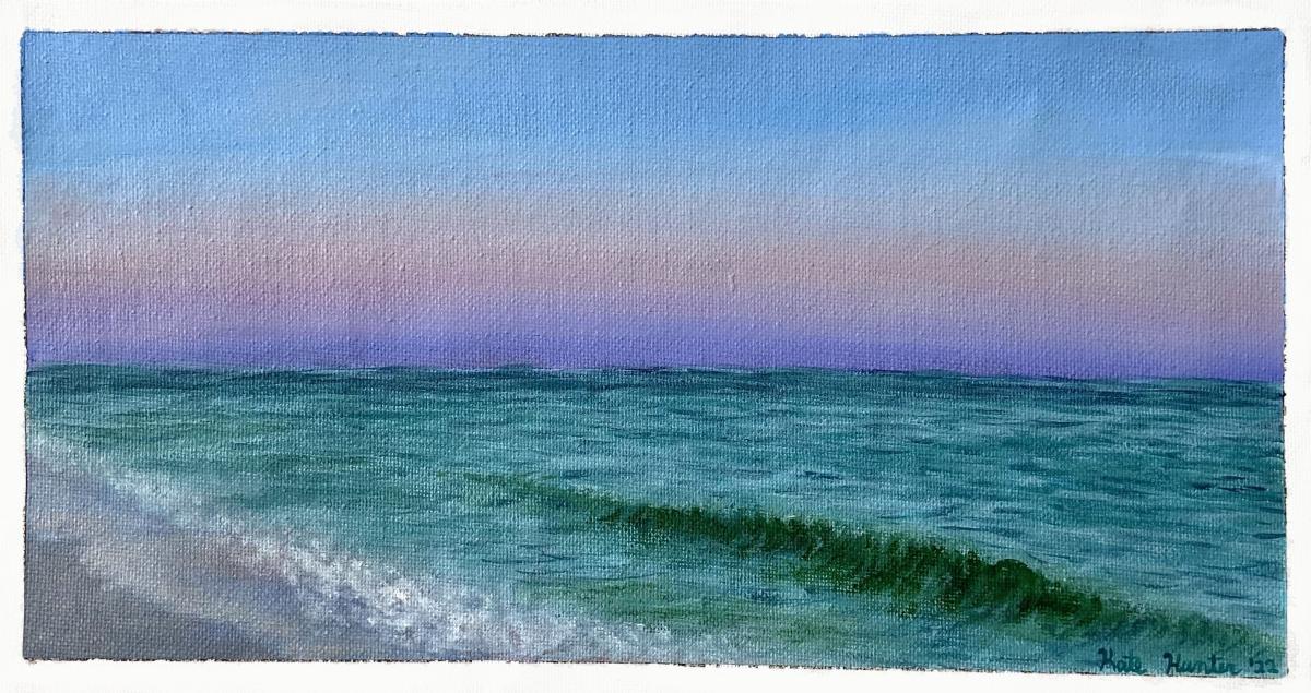 Rectangular horizontal landscape painting of teal waves rolling into the sand with a blue, pink, and purple sky over the beach.