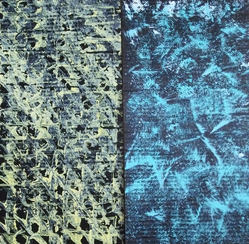 A black abstract painting with a yellow textured pattern on the left and a teal blue textured pattern on the right. 