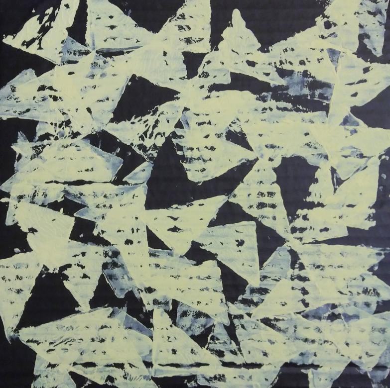 Black paint on cardboard with overlapping yellow triangles printed across the piece.