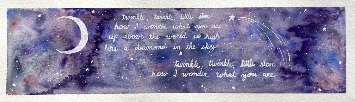 A small rectangular watercolor painting depicting a purple and blue galaxy like sky with small white stars, a shooting star, and a crescent moon. In the center the nursery rhyme "Twinkle, Twinkle Little Star" is written in white cursive. A white border surrounds the piece.