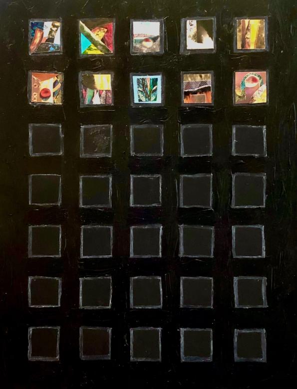 A black background with a vertical grid of small white outlined squares in five columns with seven rows. The first two rows are filled in with colorful collaged paper and images.
