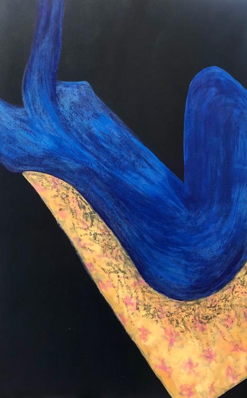 A vertical black abstract drawing with a royal blue organic "L" like curve across the diagonal center of the piece, it is hugged by a second organic "L" like orange textured shape.