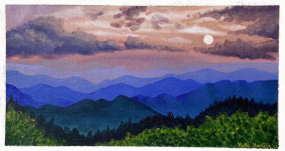 Landscape painting showing greenery in the foreground that transitions to mountain ranges in layered shades of blue on a purple and pink sky where the moon can be seen in the right top corner amongst textured purple clouds.