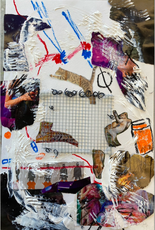 Abstract mixed media collage on a white background containing orange, blue, red, purple, and black tones. Pieces of wire and wire grid are anchored in the center. Textured white paint marks overlap the images. Perceptible collage images include tigers, leopard, arms, and figures.