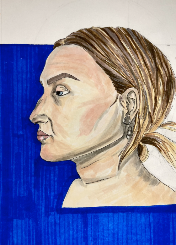 Marker profile portrait of an individual with a light skin tone from the shoulders up looking left, the individual has dirty blonde hair pulled back. Earrings, a lip ring, and tattoo behind the ear are visible. The background is partially colored in royal blue.