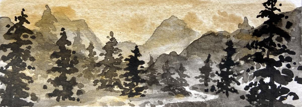 A small ink drawing showing black and grey silhouettes of evergreen trees against a gray mountain range with a pale gold sky that washes over the trees.