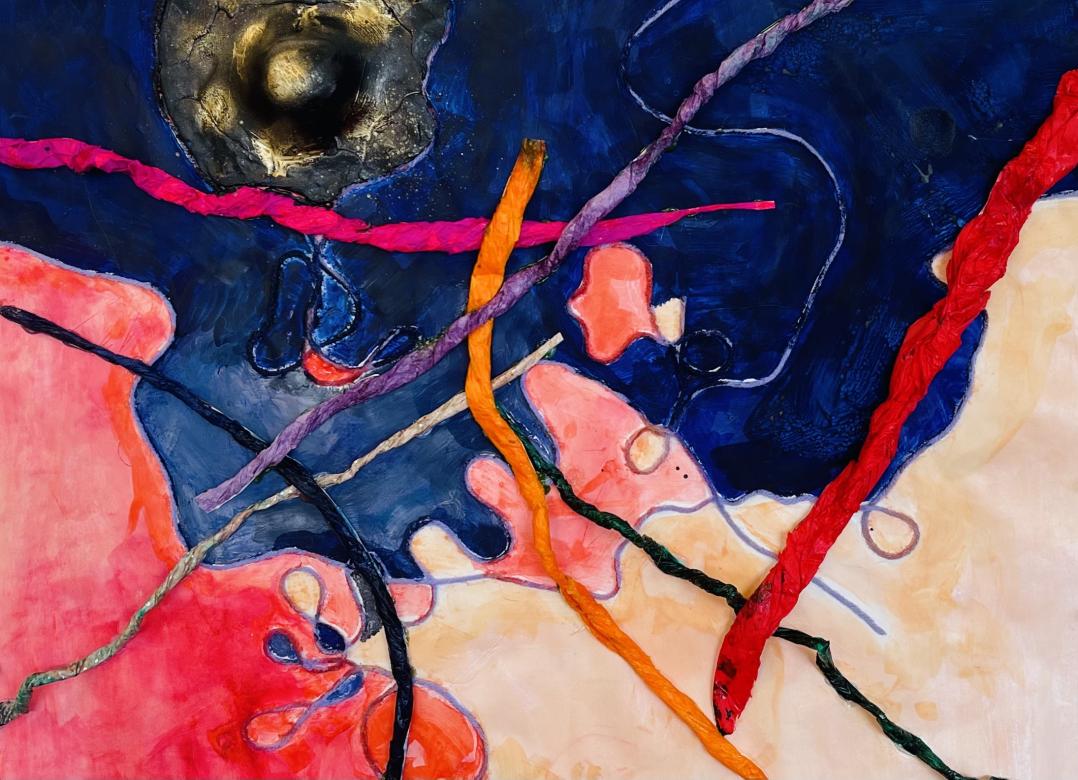 Abstract painting with large areas of dark blue, red/pink, and pale orange paint. String like textured lines swirl across the piece. In the top right corner, a black and gold spherical mass raises out of the painting.  