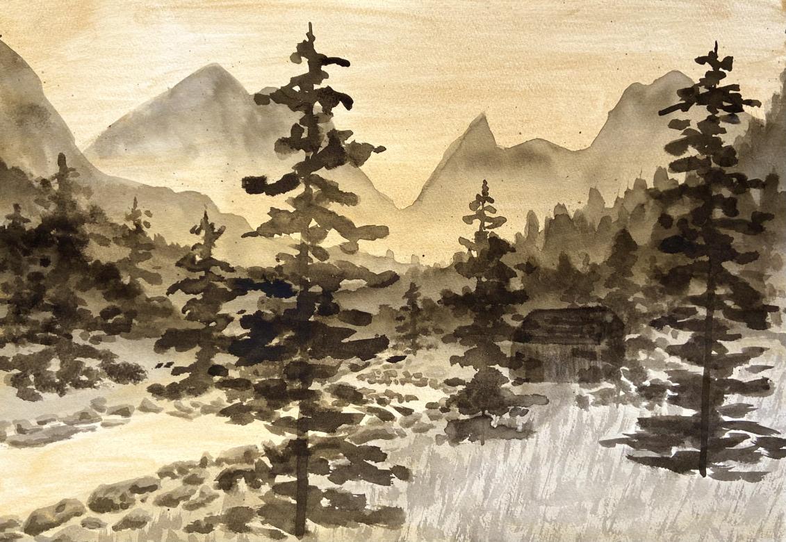 An ink drawing showing black and grey silhouettes of evergreen trees amongst a pale gold rocky creek to the left and a small black house is nestled within the trees on the right. In the background are grey mountain ranges with a pale gold sky.