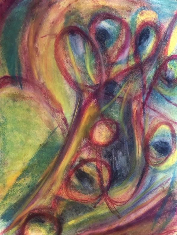Abstract chalk pastel drawing featuring swirled loops of red, yellow, green, and teal. 